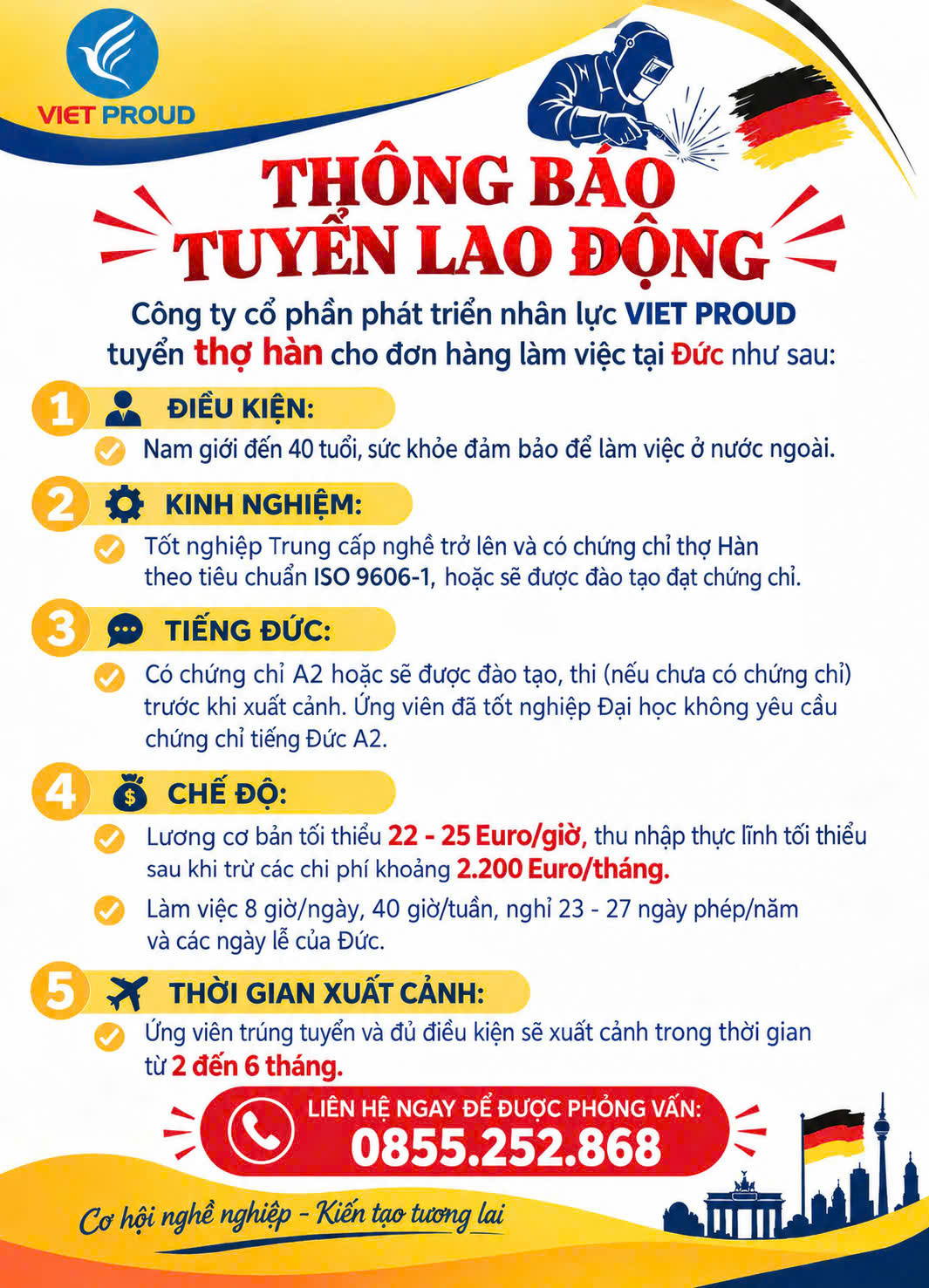 VIETPROUD tuyển dụng và đào tạo thợ hàn đi làm việc tại Đức