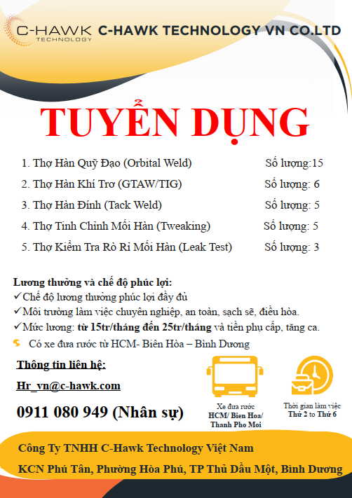 ĐỐI TÁC CỦA CTWEL - CÔNG TY TNHH C-HAWK TECHNOLOGY VIỆT NAM TUYỂN DỤNG THỢ HÀN