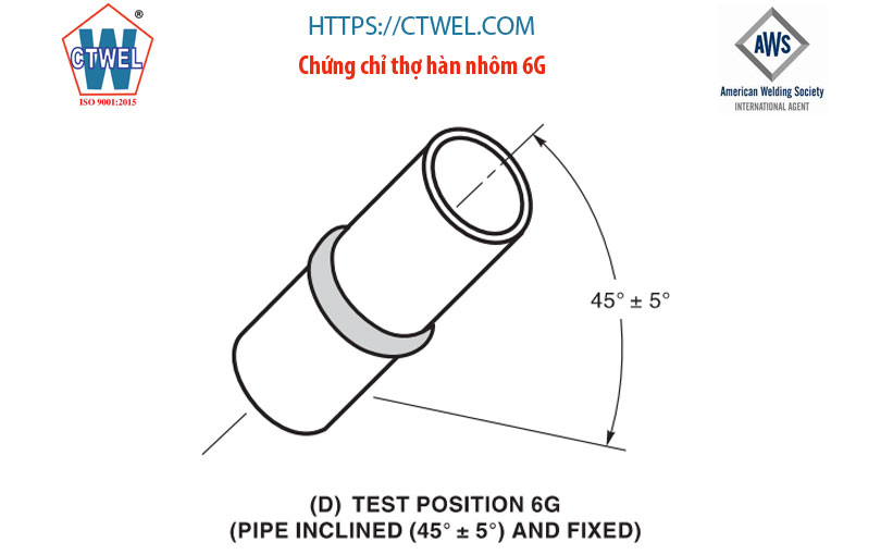 Chứng chỉ hàn nhôm 6G, chi tiết dạng ống, Mối hàn giáp mối, vị trí trục của ống 45 độ không xoay