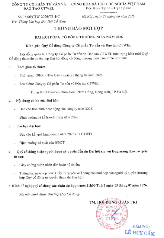 THÔNG BÁO HỌP ĐHCĐ THƯỜNG NIÊN 2026